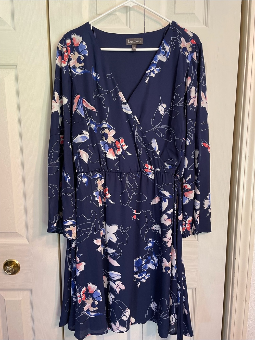 Luxology Navy Floral Wrap-Style Long Sleeve Dress